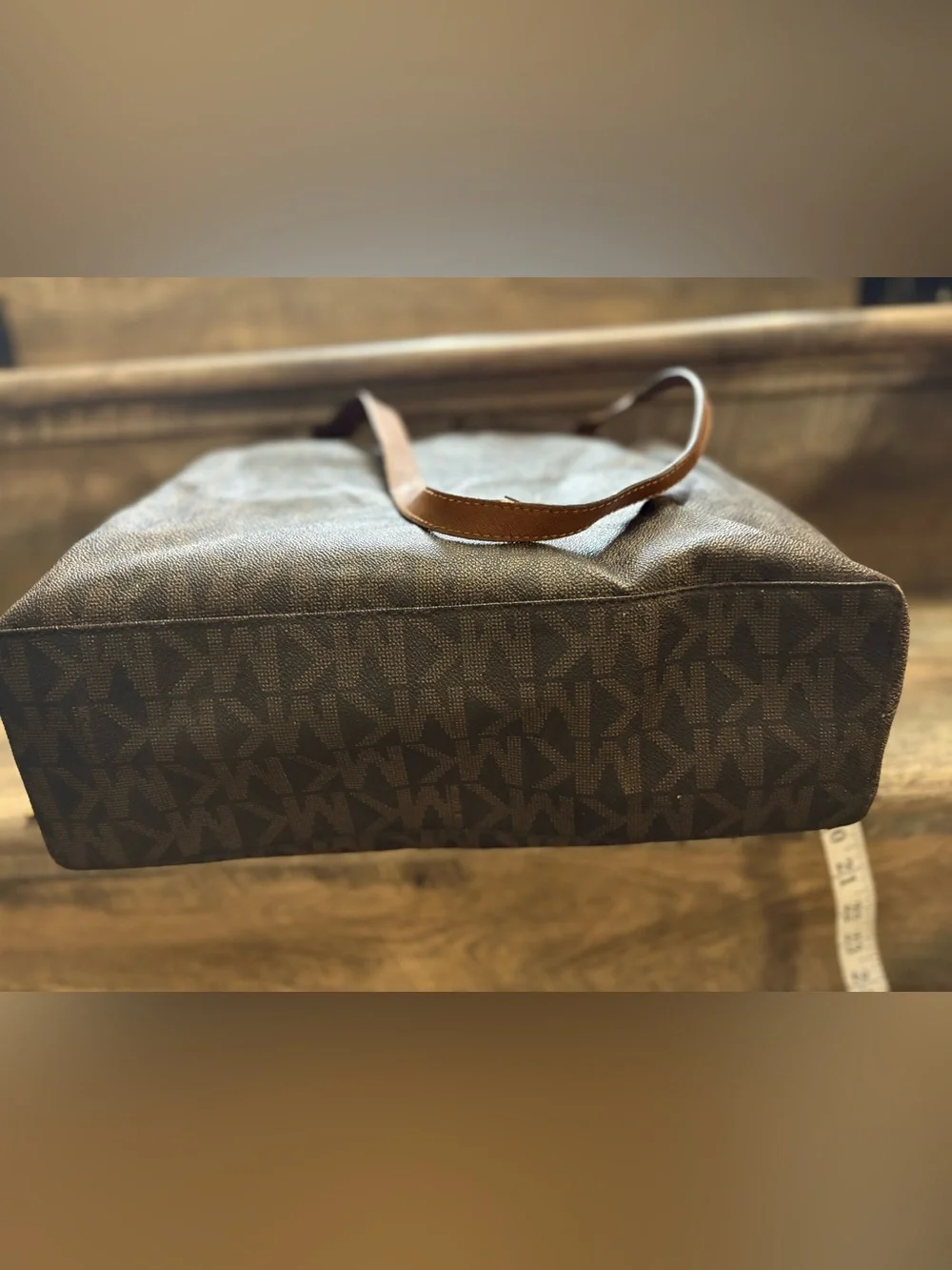 Michael Kors Brown Logo Tote with Tan Straps and Gold MK Emblem